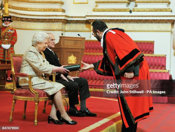 Queen Elizabeth II accompanied by the Duke of Edinburgh receives a copy of the loyal address from the Royal Borough of Windsor and Maidenhead...