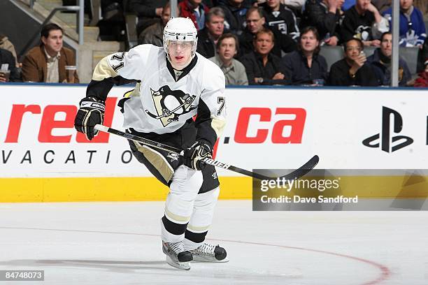 Evgeni Malkin of the Pittsburgh Penguins skates during the game against the Toronto Maple Leafs at Air Canada Centre on January 31, 2009 in Toronto,...