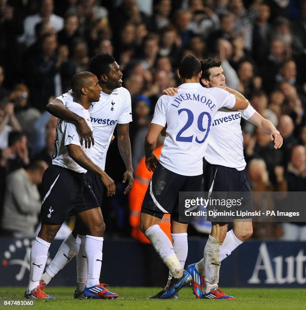 Tottenham Hotspur's Gareth Bale celebrates scoring his side's second goal of the game with teammates