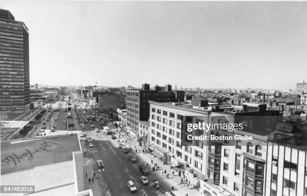 An aerial view of Boylston Street from the Lenox Hotel with the Hynes Auditorium and Prudential center on the left, Feb. 20, 1985.