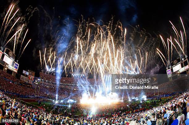General view of fireworks as Bruce Springsteen and the E Street Band perform at the Bridgestone Halftime Show during Super Bowl XLIII between the...