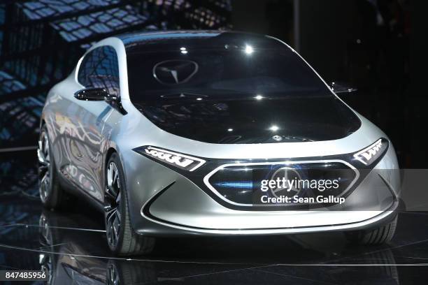 The Mercedes Concept EQA electric car stands on display at the 2017 Frankfurt Auto Show on September 14, 2017 in Frankfurt am Main, Germany. The...