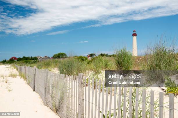 sand dunes and fence at cape may point stat park - condado de cape may imagens e fotografias de stock