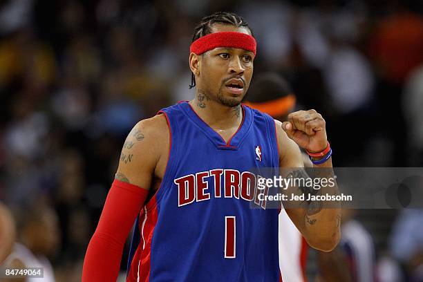 Allen Iverson of the Detroit Pistons reacts to a play during the game against the Golden State Warriors on November 13, 2008 at Oracle Arena in...