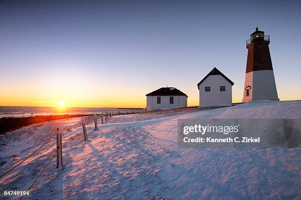 point judith light in snow - kenneth c zirkel stock pictures, royalty-free photos & images