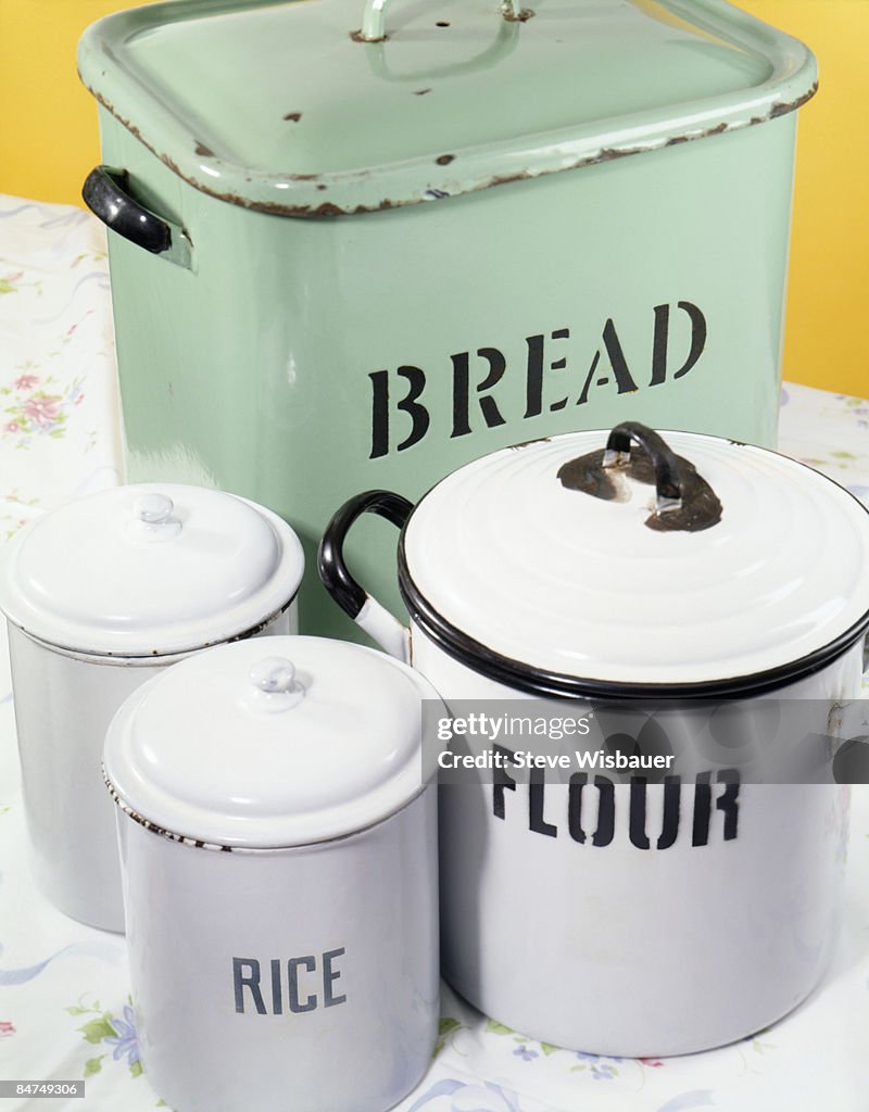Tin vintage kitchen canisters for rice flour bread