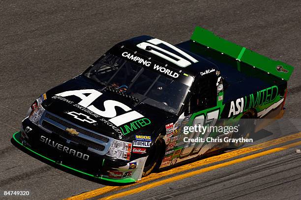 Chad McCumbee, driver of the ASI Limited Chevrolet, drives during practice for the NASCAR Camping World Truck Series NextEra Energy Resources 250 at...