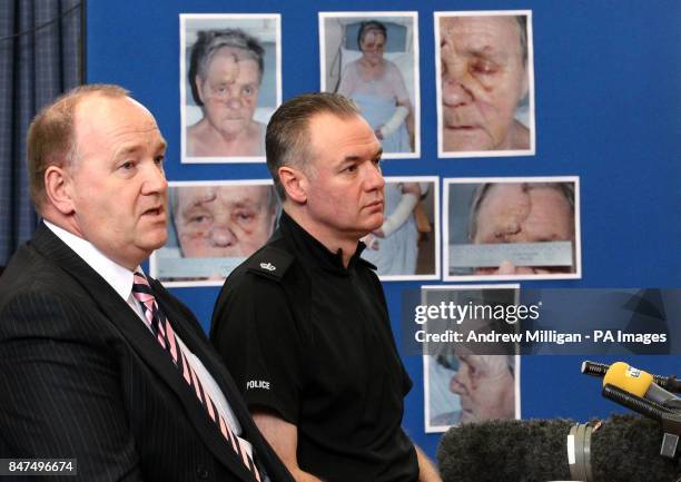 Strathclyde Police Detective Inspector John Lamb with Superintendant Andy McKay appealing for information during a press conference with Helen...