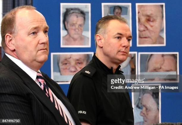 Strathclyde Police Detective Inspector John Lamb with Superintendant Andy McKay appealing for information during a press conference with Helen...