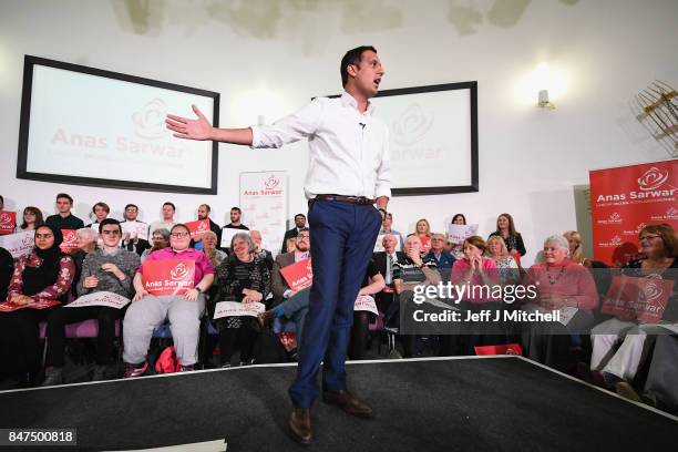 Anas Sarwar speaks on stage at the launch of his campaign to be Scottish Labour Leader at the Gorbals Parish Church on September 15, 2017 in Glasgow,...