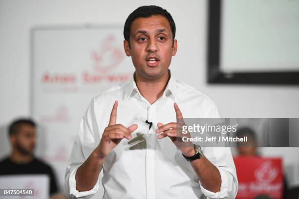 Anas Sarwar speaks on stage at the launch of his campaign to be Scottish Labour Leader at the Gorbals Parish Church on September 15, 2017 in Glasgow,...