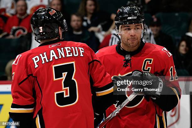 Dion Phaneuf and Jarome Iginla of the Calgary Flames skate against the Anaheim Ducks on February 7, 2009 at Pengrowth Saddledome in Calgary, Alberta,...