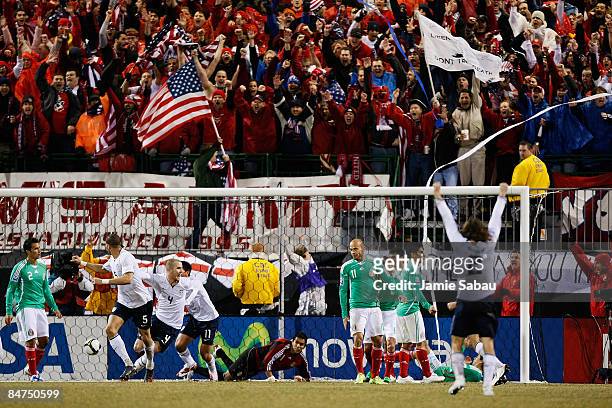 Michael Bradley of Team USA celebrates his unassisted goal in the 43rd minute of the first half against Mexico during their FIFA World Cup qualifying...