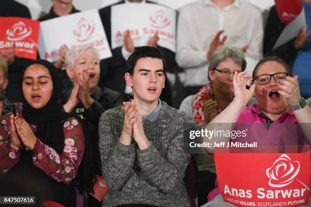 Anas Sarwar supporters attend the launch of his campaign to be Scottish Labour leader at the Gorbals Parish Church on September 15, 2017 in Glasgow,...