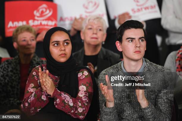 Anas Sarwar supporters attend the launch of his campaign to be Scottish Labour leader at the Gorbals Parish Church on September 15, 2017 in Glasgow,...