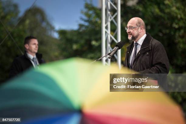 Candidate for the german chancellorship of the Social Democratic Party of Germany , Martin Schulz, speaks during a campaign rally on September 15,...