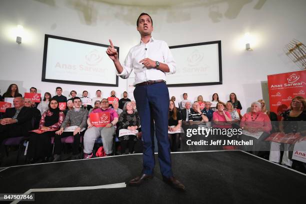 Anas Sarwar speaks on stage at the launch of his campaign to be Scottish Labour Leader at the Gorbals Parish Church on September 15, 2017 in Glasgow,...