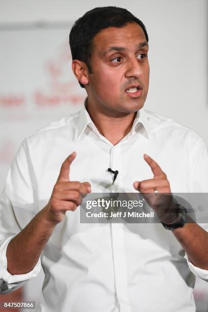 Anas Sarwar speaks on stage at the launch of his campaign to be Scottish Labour Leader at the Gorbals Parish Church on September 15, 2017 in Glasgow,...