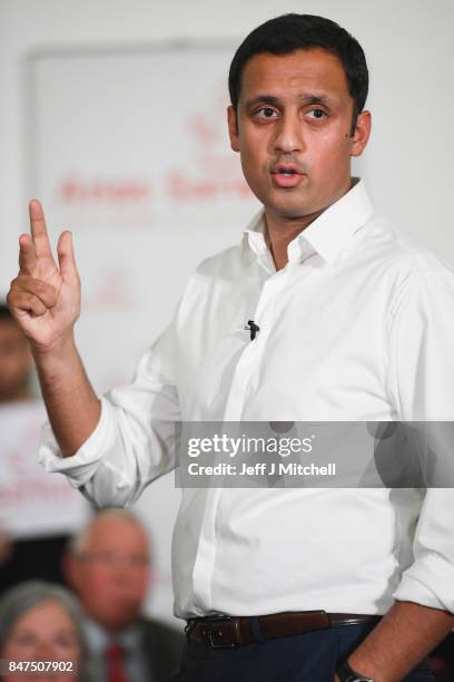 Anas Sarwar speaks on stage at the launch of his campaign to be Scottish Labour Leader at the Gorbals Parish Church on September 15, 2017 in Glasgow,...