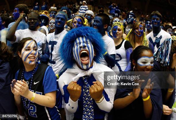 The Cameron Crazies taunt the North Carolina Tar Heels before they face the Duke Blue Devils on February 11, 2009 at Cameron Indoor Stadium in...