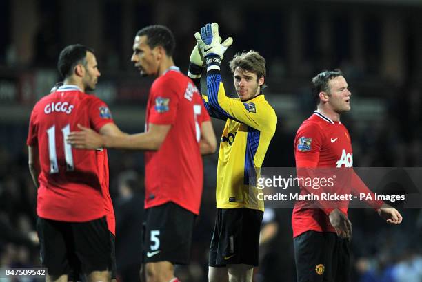 Manchester United goalkeeper David De Gea applauds the away fans after the final whistle following the Barclays Premier League match at Ewood Park,...