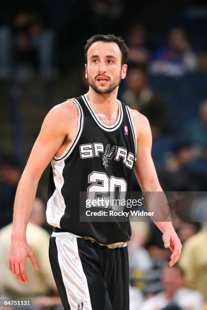 Manu Ginobili of the San Antonio Spurs looks on during the game against the Golden State Warriors at Oracle Arena on February 2, 2009 in Oakland,...