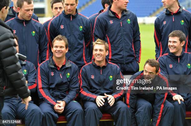 1st XI coach Matthew Mott with Captain Mark Wallace, Dean Cosker and James Harris during the press day at the SWALEC Stadium, Cardiff.