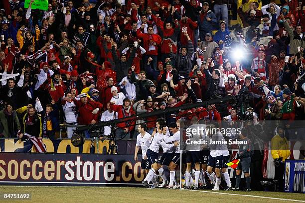Team USA celebrates their first goal against Mexico in front of Team USA fans during their FIFA World Cup qualifying match on February 11, 2009 at...