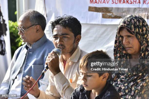 The family of dairy farmer Pehlu Khan, who was lynched by a mob in Alwar in April, at a press conference with Congress leader Digvijaya Singh at...