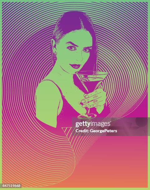 multiple exposure composite of a sensuous woman drinking martini with half tone pattern background - san francisco night life stock illustrations