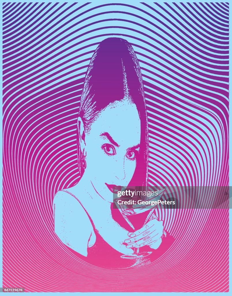 Multiple exposure composite of a sensuous woman drinking martini with a warped and distorted half tone pattern background