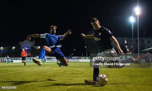 Wicklow , Ireland - 15 September 2017; Aaron Greene of Bray Wanderers in action against Barry Cotter of Limerick during the SSE Airtricity League...