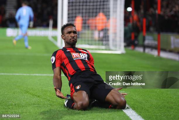 Jermain Defoe of AFC Bournemouth celebrates as he scores their second goal during the Premier League match between AFC Bournemouth and Brighton and...