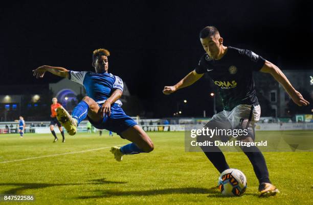 Wicklow , Ireland - 15 September 2017; Aaron Greene of Bray Wanderers in action against Barry Cotter of Limerick during the SSE Airtricity League...