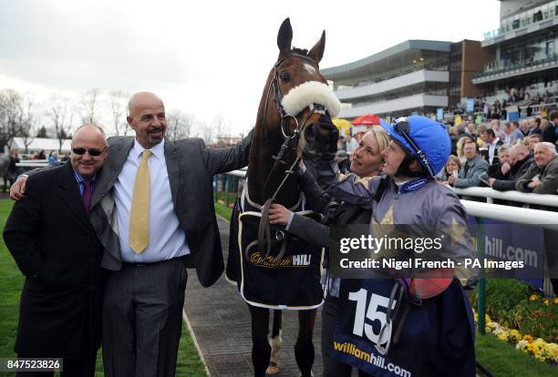 Brae Hill winner of The William Hill Lincoln in the winners encosure with trainer, Richard Fahey , owner Dr Marwan Koukash and jockey Tony Hamilton...