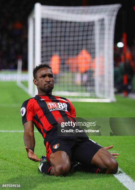 Jermain Defoe of AFC Bournemouth celebrates as he scores their second goal during the Premier League match between AFC Bournemouth and Brighton and...