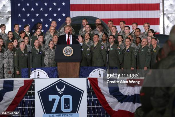 President Donald Trump speaks to Air Force personnel during an event September 15, 2017 at Joint Base Andrews in Maryland. President Trump attended...