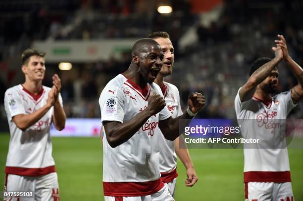 Bordeaux's Younousse Sankhare jubilates after winning the French L1 football match Toulouse vs Bordeaux on September 15, 2017 at the Municipal...