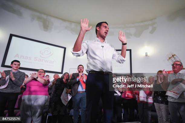 Anas Sarwar speaks on stage at the launch of his campaign to be Scottish Labour Leader at the Gorbals Parish Church on September 15, 2017 in Glasgow,...
