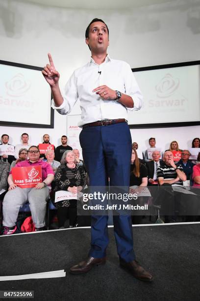 Anas Sarwar speaks on stage at the launch of his campaign to be Scottish Labour Leader at the Gorbals Parish Church on September 15, 2017 in Glasgow,...