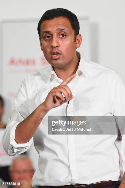 Anas Sarwar speaks on stage at the launch of his campaign to be Scottish Labour Leader at the Gorbals Parish Church on September 15, 2017 in Glasgow,...