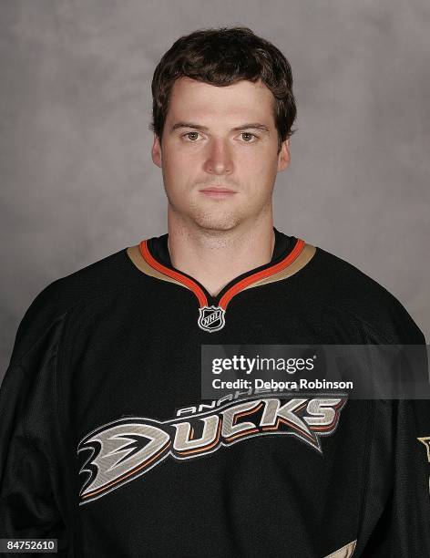 Sheldon Brookbank of the Anaheim Ducks on February 11, 2009 at Honda Center in Anaheim, California.