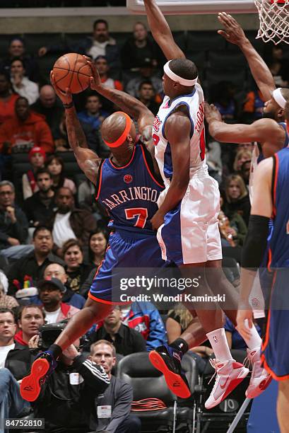 Al Harrington of the New York Knicks has his shot contested by Al Thornton of the Los Angeles Clippers at Staples Center on February 11, 2009 in Los...
