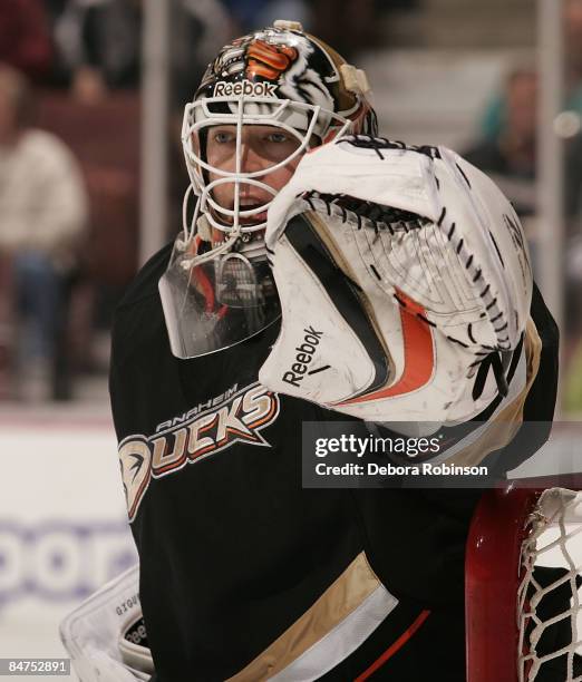 Jean-Sebastien Giguere of the Anaheim Ducks during a break in the action during a game against the Calgary Flames on February 11, 2009 at Honda...