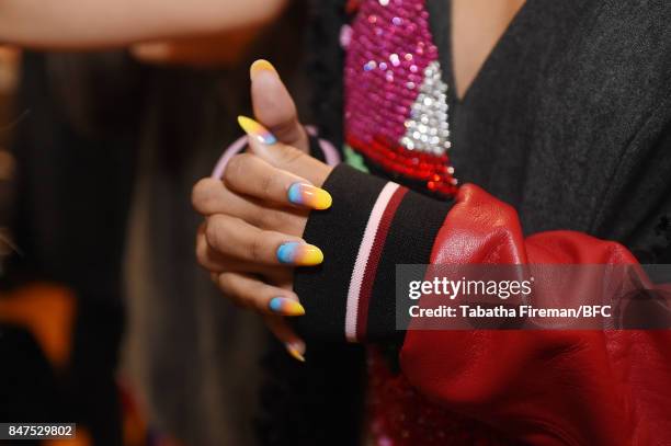 Model, nail detail, backstage ahead of the Roberta Einer presentation during London Fashion Week September 2017 on September 15, 2017 in London,...