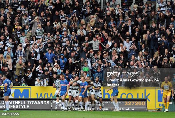 Hull FC players and fans celebrate after Jordan Turner scores a try during the Stobart Super League match at the KC Stadium, Hull.