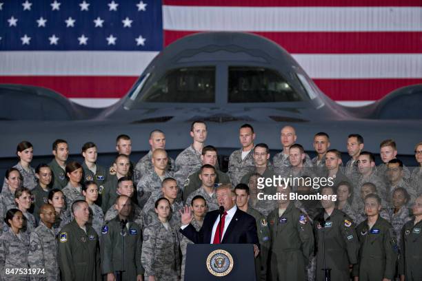 President Donald Trump delivers remarks to military personnel and families in an aircraft hangar at Joint Base Andrews, Maryland, U.S., on Friday,...