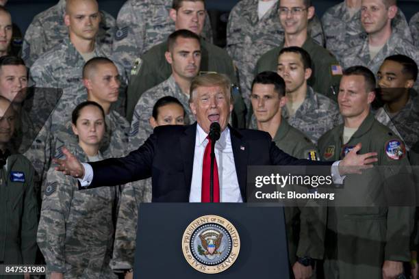 President Donald Trump arrives to deliver remarks to military personnel and families in an aircraft hangar at Joint Base Andrews, Maryland, U.S., on...