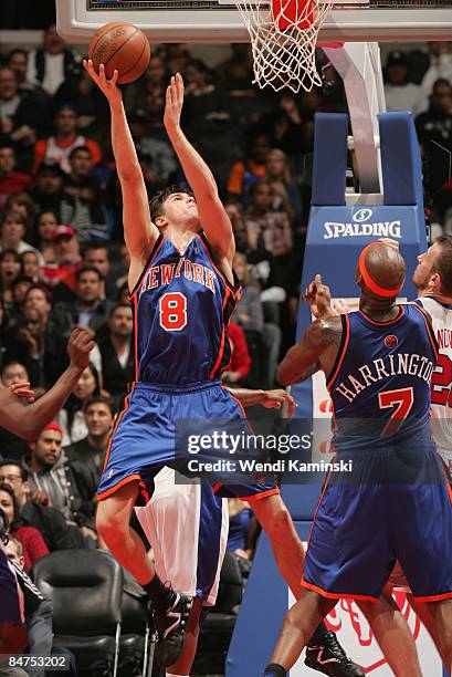 Danilo Gallinari of the New York Knicks goes up for a reverse layup against the Los Angeles Clippers at Staples Center on February 11, 2009 in Los...