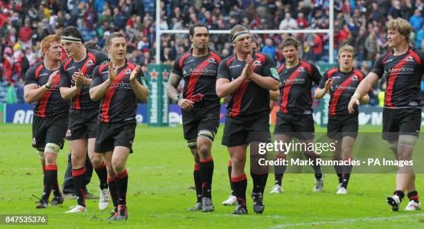 Edinburgh's man of the match Greig Laidlaw celebrates with his team mates during the Heineken Cup Quarter Final match at Murrayfield, Edinburgh.